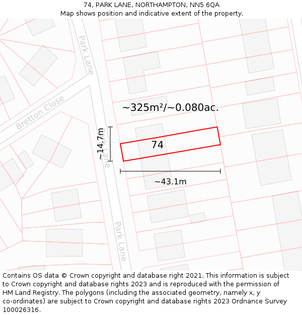 74, PARK LANE, NORTHAMPTON, NN5 6QA: Plot and title map