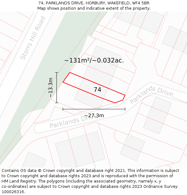 74, PARKLANDS DRIVE, HORBURY, WAKEFIELD, WF4 5BR: Plot and title map