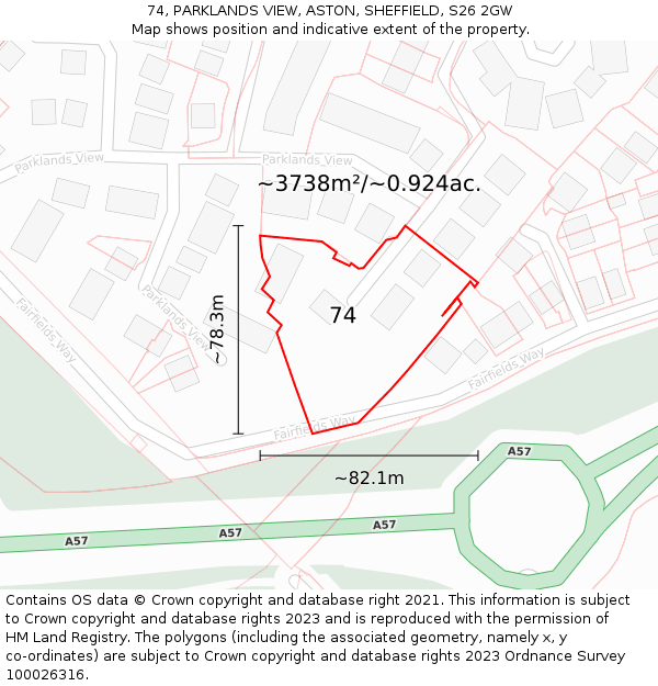 74, PARKLANDS VIEW, ASTON, SHEFFIELD, S26 2GW: Plot and title map