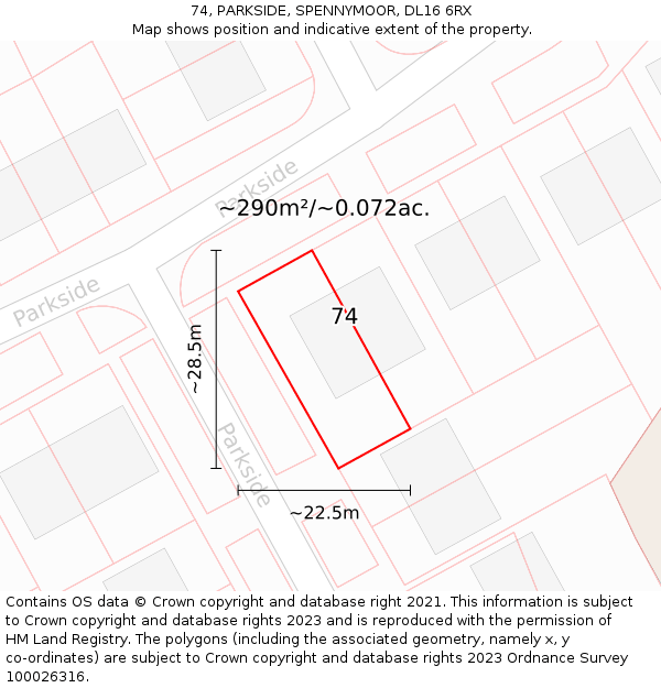 74, PARKSIDE, SPENNYMOOR, DL16 6RX: Plot and title map