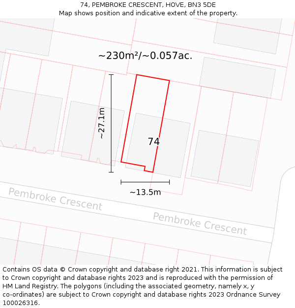 74, PEMBROKE CRESCENT, HOVE, BN3 5DE: Plot and title map