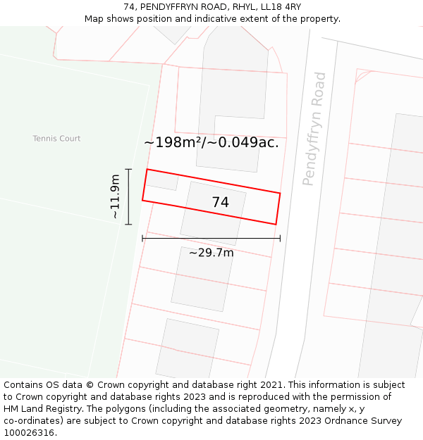 74, PENDYFFRYN ROAD, RHYL, LL18 4RY: Plot and title map