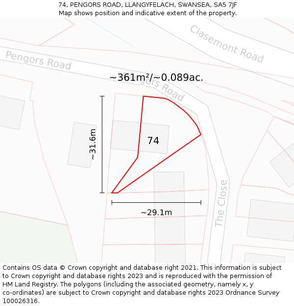 74, PENGORS ROAD, LLANGYFELACH, SWANSEA, SA5 7JF: Plot and title map