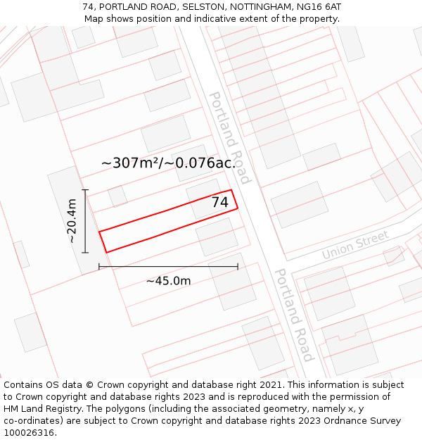 74, PORTLAND ROAD, SELSTON, NOTTINGHAM, NG16 6AT: Plot and title map