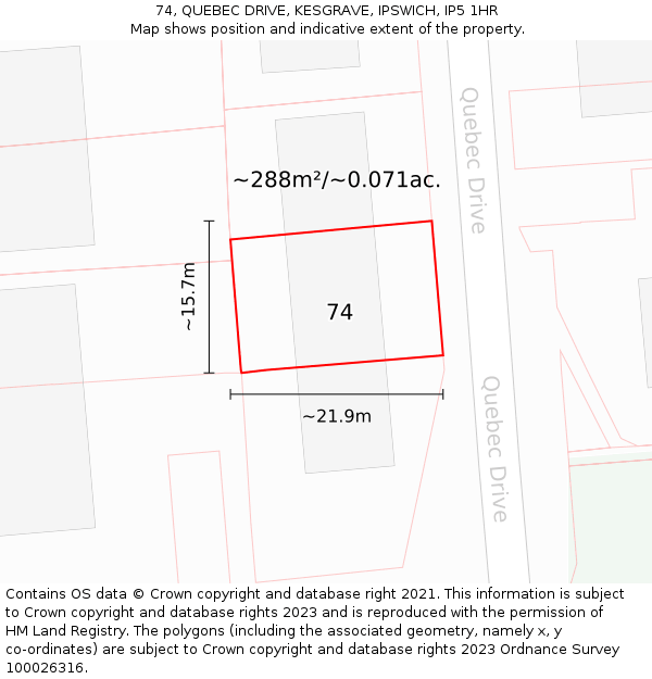 74, QUEBEC DRIVE, KESGRAVE, IPSWICH, IP5 1HR: Plot and title map