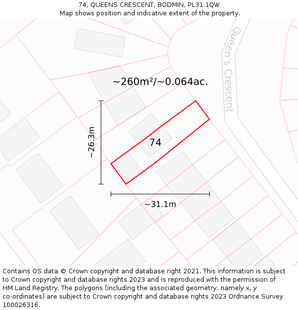 74, QUEENS CRESCENT, BODMIN, PL31 1QW: Plot and title map