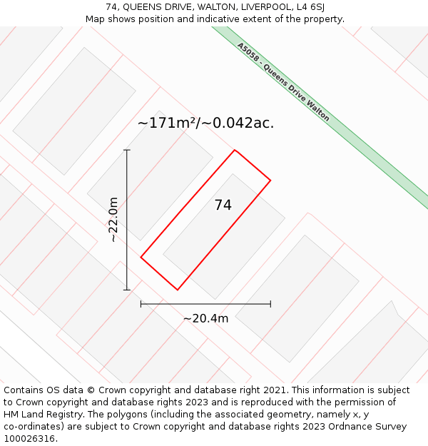 74, QUEENS DRIVE, WALTON, LIVERPOOL, L4 6SJ: Plot and title map