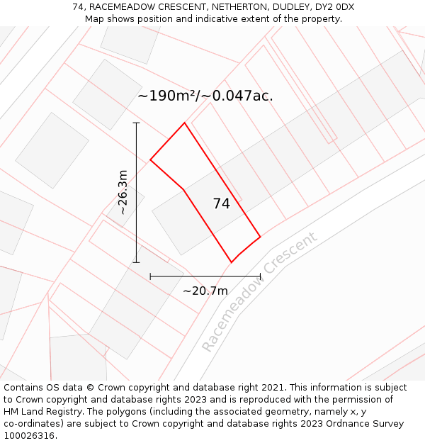 74, RACEMEADOW CRESCENT, NETHERTON, DUDLEY, DY2 0DX: Plot and title map