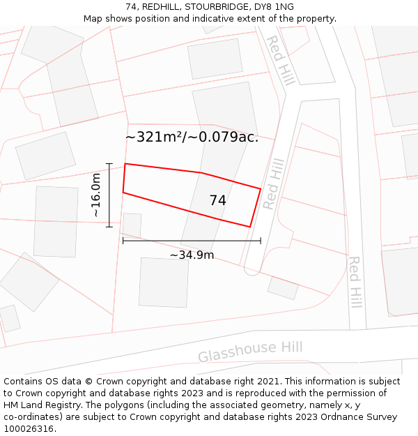 74, REDHILL, STOURBRIDGE, DY8 1NG: Plot and title map