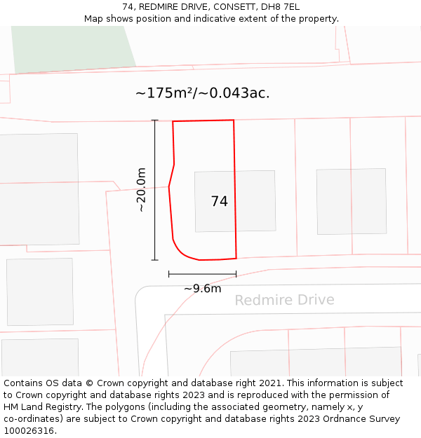 74, REDMIRE DRIVE, CONSETT, DH8 7EL: Plot and title map