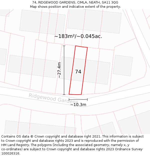 74, RIDGEWOOD GARDENS, CIMLA, NEATH, SA11 3QG: Plot and title map