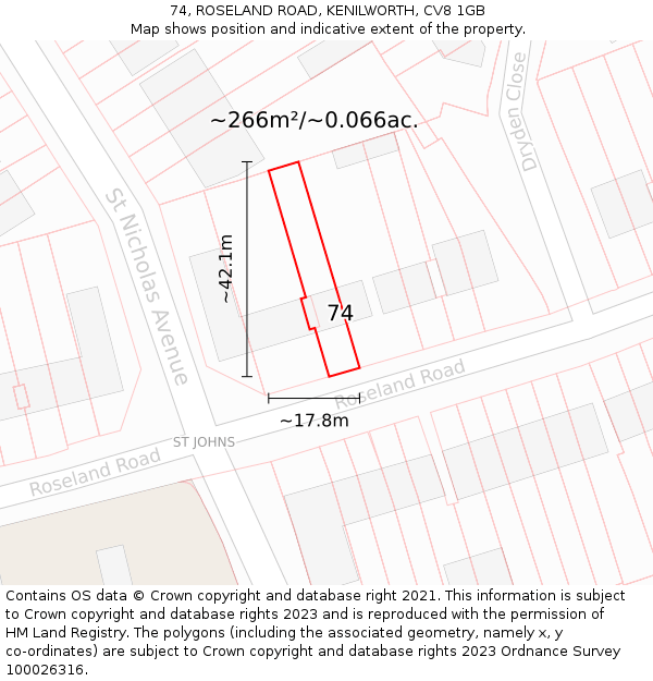 74, ROSELAND ROAD, KENILWORTH, CV8 1GB: Plot and title map