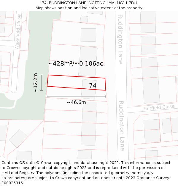 74, RUDDINGTON LANE, NOTTINGHAM, NG11 7BH: Plot and title map