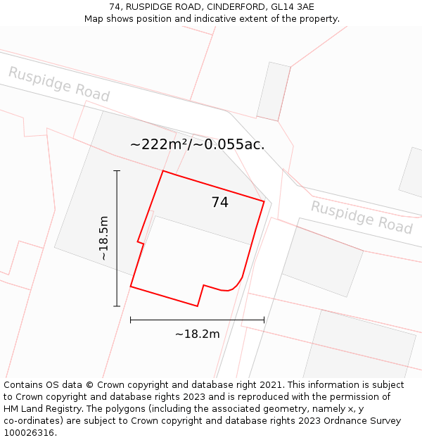 74, RUSPIDGE ROAD, CINDERFORD, GL14 3AE: Plot and title map