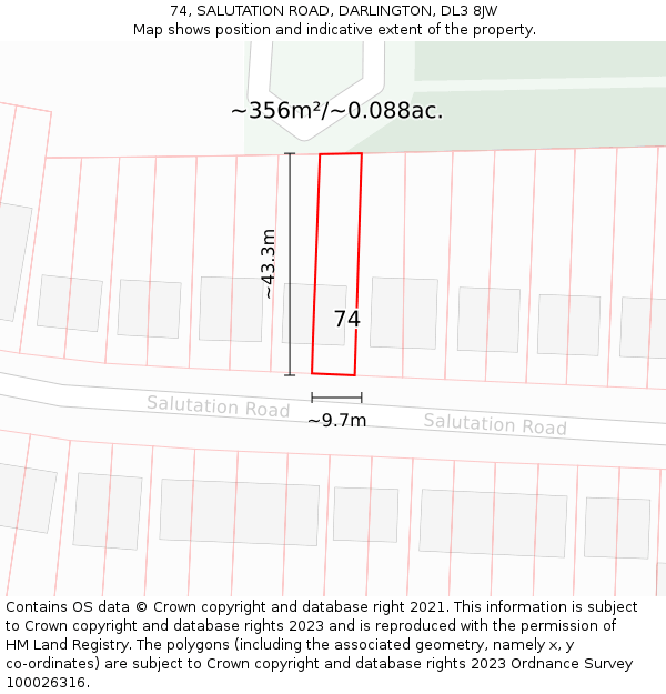 74, SALUTATION ROAD, DARLINGTON, DL3 8JW: Plot and title map