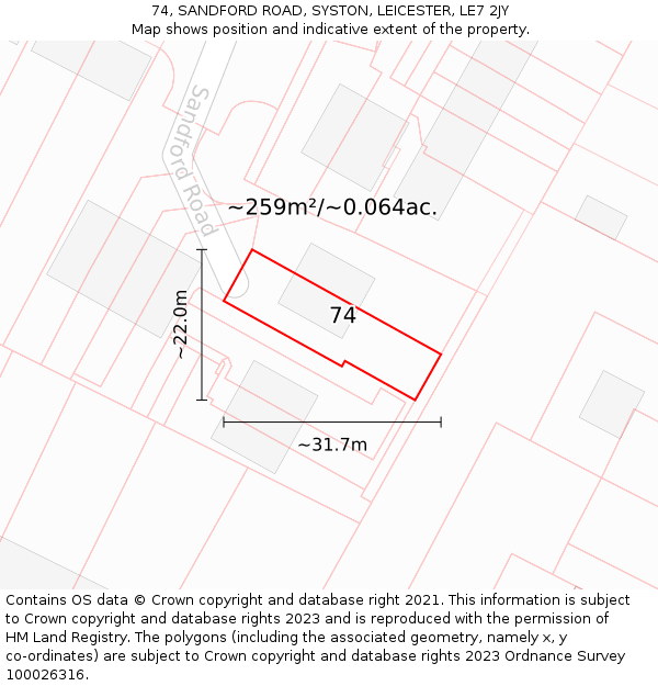 74, SANDFORD ROAD, SYSTON, LEICESTER, LE7 2JY: Plot and title map