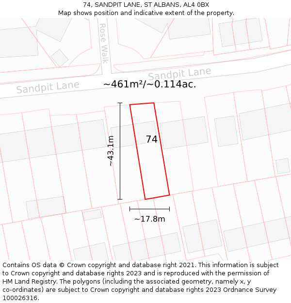 74, SANDPIT LANE, ST ALBANS, AL4 0BX: Plot and title map