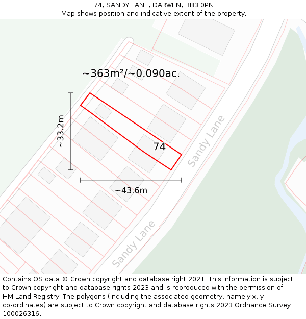 74, SANDY LANE, DARWEN, BB3 0PN: Plot and title map