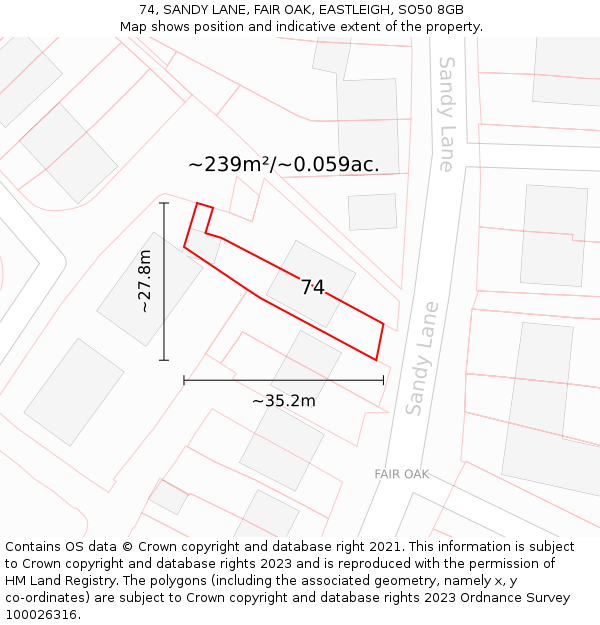 74, SANDY LANE, FAIR OAK, EASTLEIGH, SO50 8GB: Plot and title map