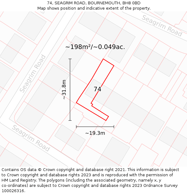 74, SEAGRIM ROAD, BOURNEMOUTH, BH8 0BD: Plot and title map