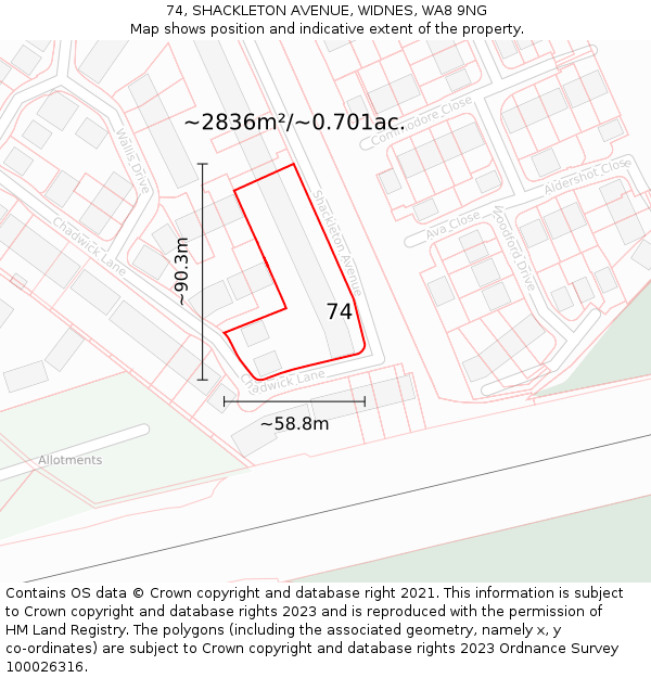 74, SHACKLETON AVENUE, WIDNES, WA8 9NG: Plot and title map