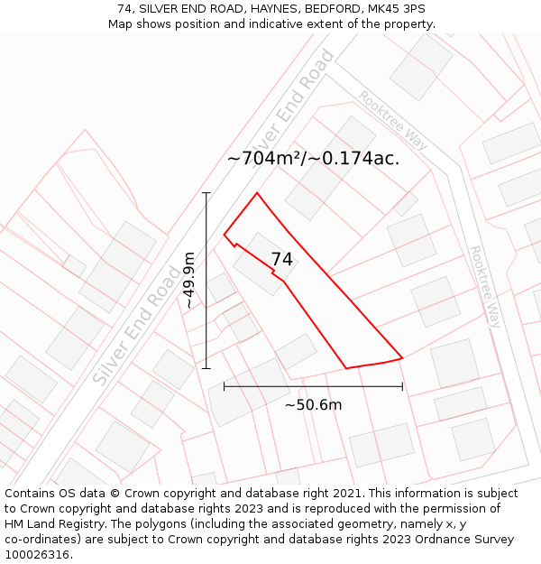74, SILVER END ROAD, HAYNES, BEDFORD, MK45 3PS: Plot and title map