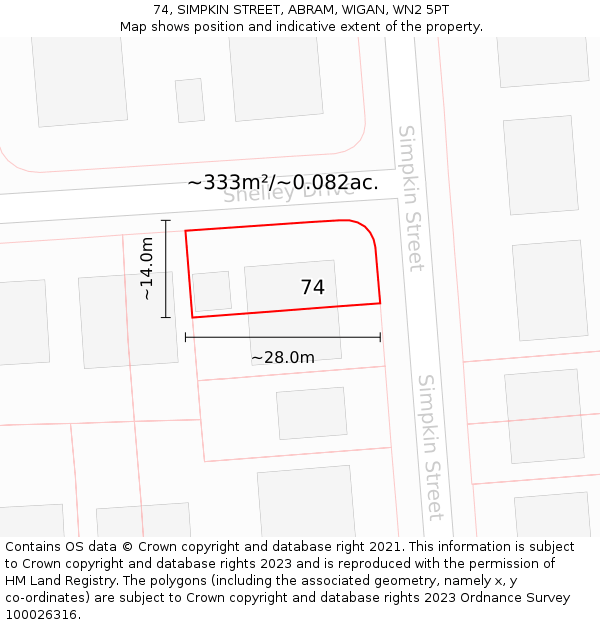 74, SIMPKIN STREET, ABRAM, WIGAN, WN2 5PT: Plot and title map