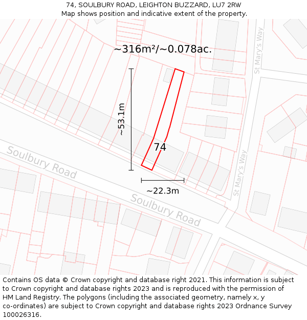 74, SOULBURY ROAD, LEIGHTON BUZZARD, LU7 2RW: Plot and title map