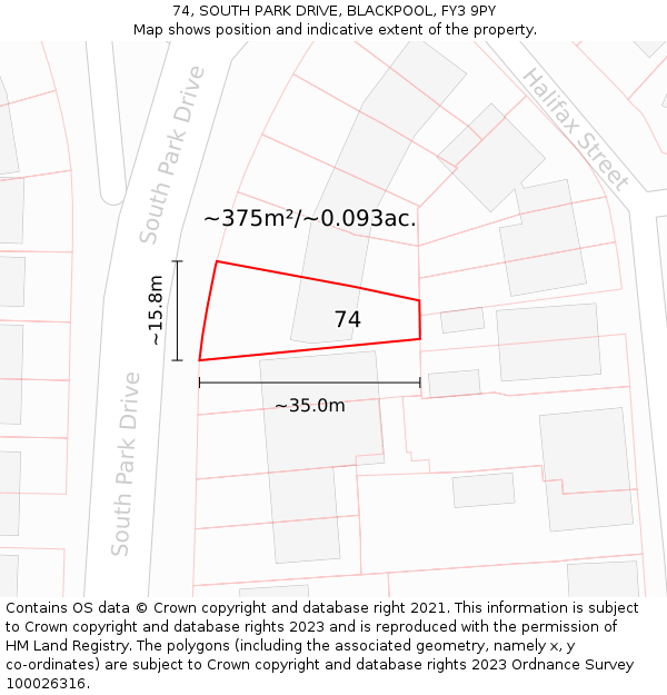 74, SOUTH PARK DRIVE, BLACKPOOL, FY3 9PY: Plot and title map