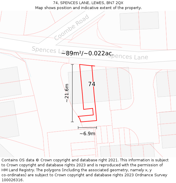 74, SPENCES LANE, LEWES, BN7 2QX: Plot and title map