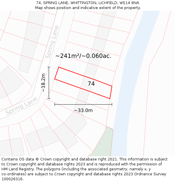 74, SPRING LANE, WHITTINGTON, LICHFIELD, WS14 9NA: Plot and title map