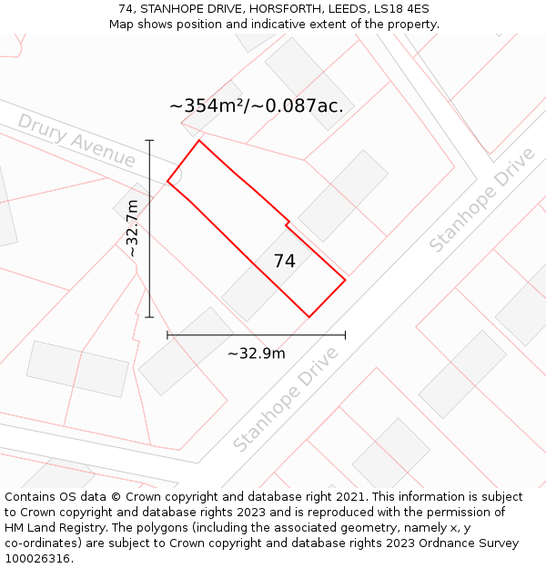 74, STANHOPE DRIVE, HORSFORTH, LEEDS, LS18 4ES: Plot and title map