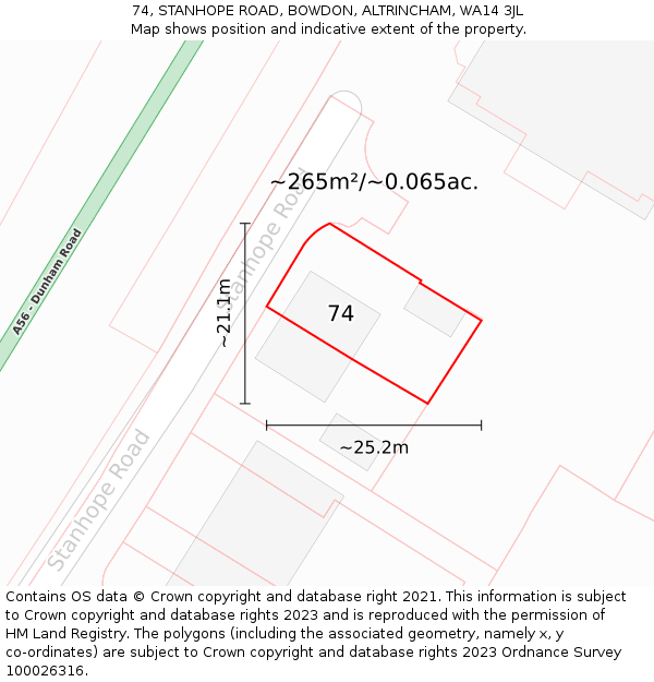 74, STANHOPE ROAD, BOWDON, ALTRINCHAM, WA14 3JL: Plot and title map