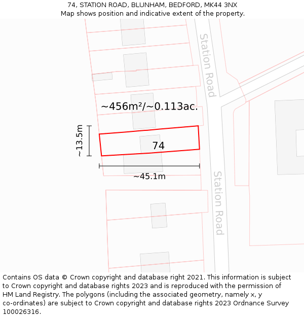 74, STATION ROAD, BLUNHAM, BEDFORD, MK44 3NX: Plot and title map