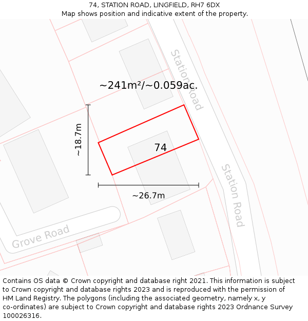 74, STATION ROAD, LINGFIELD, RH7 6DX: Plot and title map