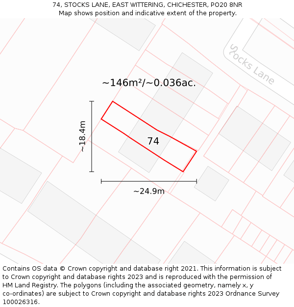 74, STOCKS LANE, EAST WITTERING, CHICHESTER, PO20 8NR: Plot and title map