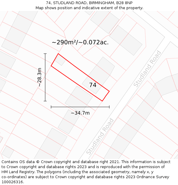 74, STUDLAND ROAD, BIRMINGHAM, B28 8NP: Plot and title map