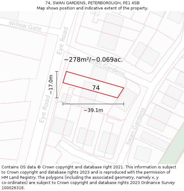 74, SWAN GARDENS, PETERBOROUGH, PE1 4SB: Plot and title map