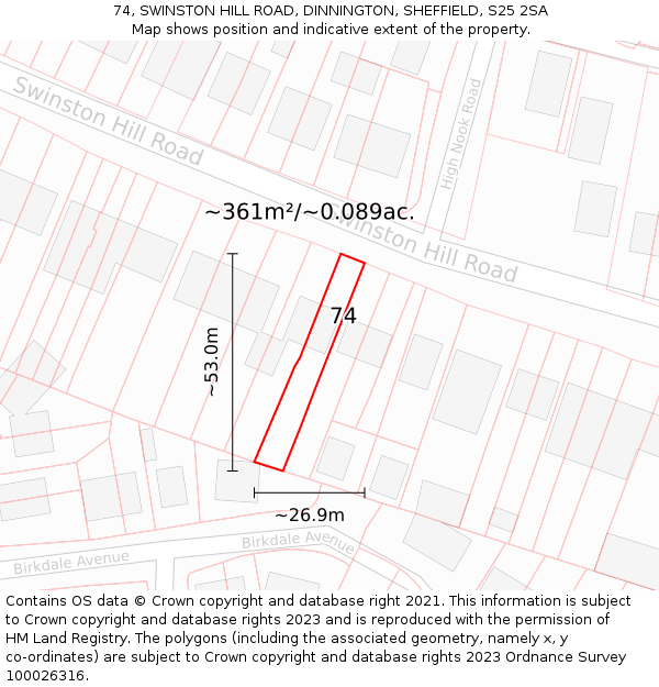 74, SWINSTON HILL ROAD, DINNINGTON, SHEFFIELD, S25 2SA: Plot and title map