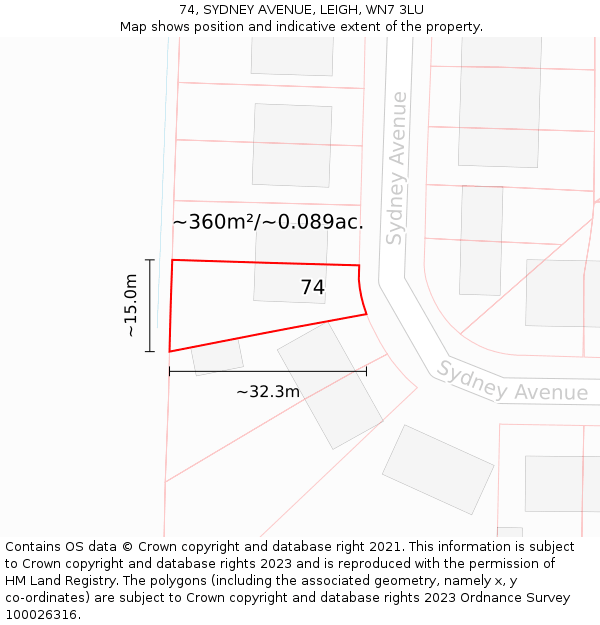 74, SYDNEY AVENUE, LEIGH, WN7 3LU: Plot and title map