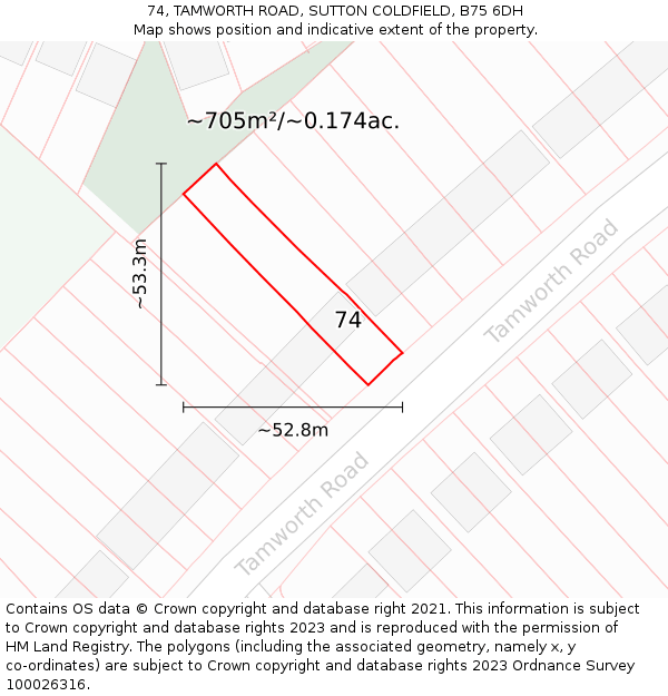 74, TAMWORTH ROAD, SUTTON COLDFIELD, B75 6DH: Plot and title map