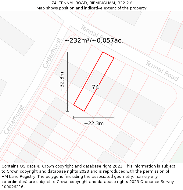 74, TENNAL ROAD, BIRMINGHAM, B32 2JY: Plot and title map