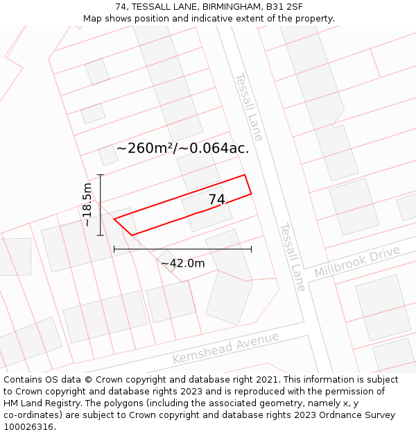 74, TESSALL LANE, BIRMINGHAM, B31 2SF: Plot and title map