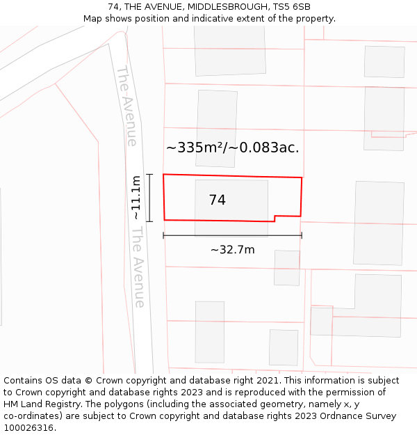 74, THE AVENUE, MIDDLESBROUGH, TS5 6SB: Plot and title map