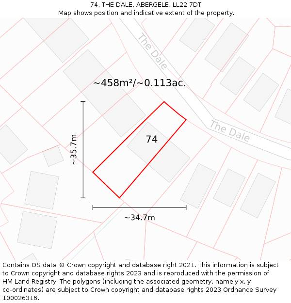 74, THE DALE, ABERGELE, LL22 7DT: Plot and title map