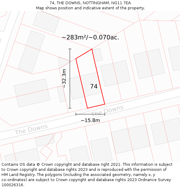 74, THE DOWNS, NOTTINGHAM, NG11 7EA: Plot and title map