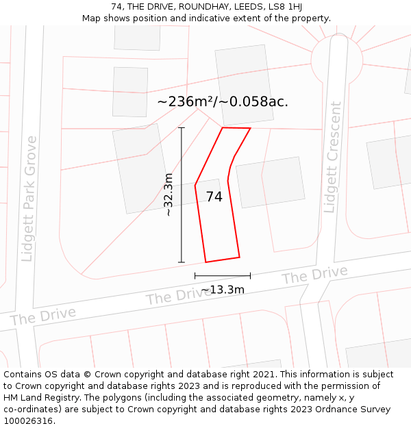 74, THE DRIVE, ROUNDHAY, LEEDS, LS8 1HJ: Plot and title map