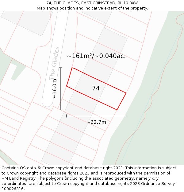 74, THE GLADES, EAST GRINSTEAD, RH19 3XW: Plot and title map