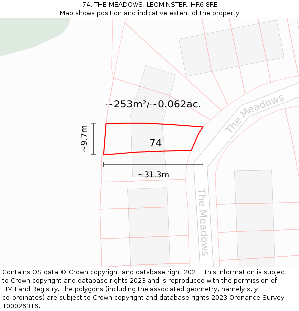 74, THE MEADOWS, LEOMINSTER, HR6 8RE: Plot and title map