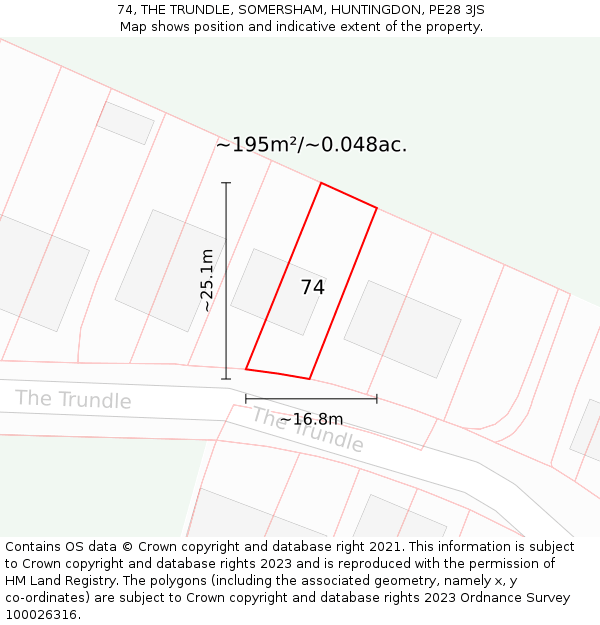 74, THE TRUNDLE, SOMERSHAM, HUNTINGDON, PE28 3JS: Plot and title map